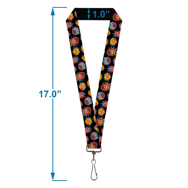 Buckle-Down Lanyard - 1.0" - Rick And Morty Vaporwave Expressions Scattered Black/Multi Color