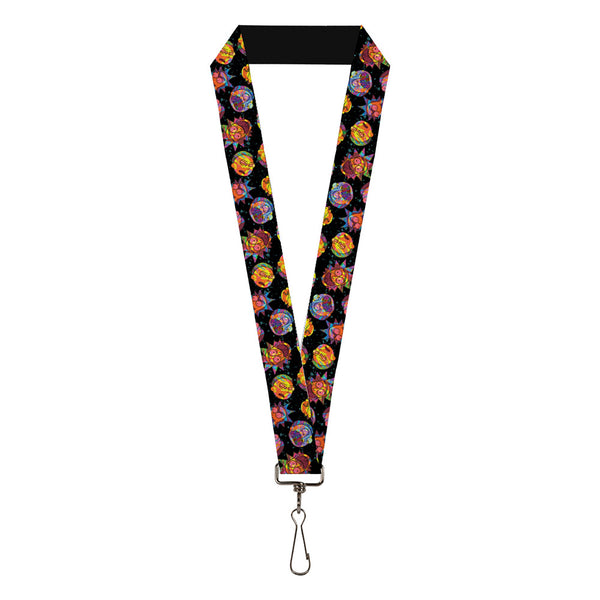 Buckle-Down Lanyard - 1.0" - Rick and Morty Vaporwave Expressions Scattered Black/Multi Color