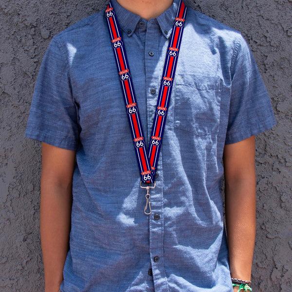 Buckle-Down Lanyard - 1.0" - ROUTE 66 Highway Sign Stripe Blue White Red