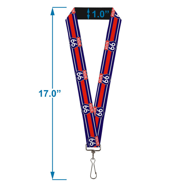 Buckle-Down Lanyard - 1.0" - ROUTE 66 Highway Sign Stripe Blue White Red