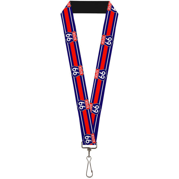Buckle-Down Lanyard - 1.0" - ROUTE 66 Highway Sign Stripe Blue White Red