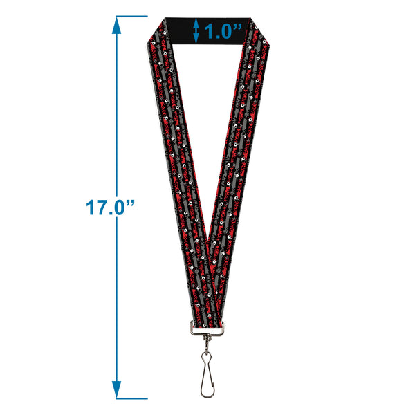Buckle-Down Lanyard - 1.0" - Skelanimals Bonita The Unicorn Poses Stripe Black/Red/Gray