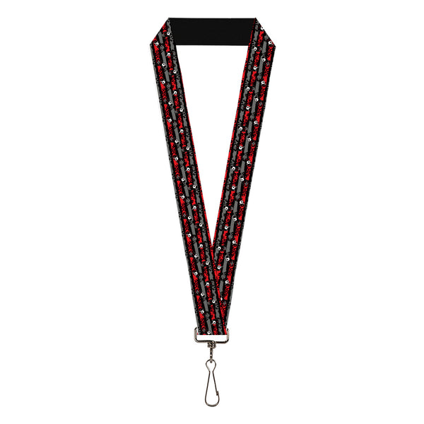 Buckle-Down Lanyard - 1.0" - Skelanimals Bonita the Unicorn Poses Stripe Black/Red/Gray