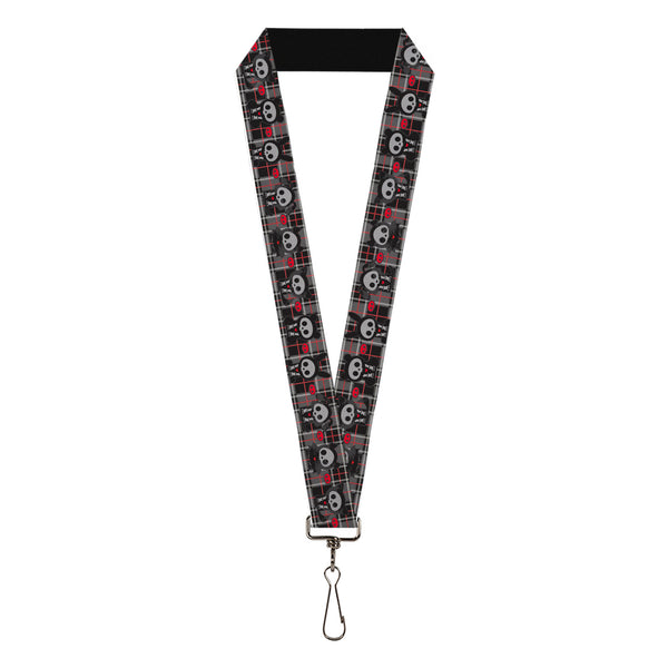 Buckle-Down Lanyard - 1.0" - Skelanimals Five Animals and Face Logo Plaid Black/Red/White