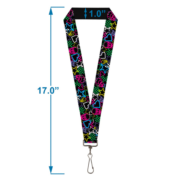 Buckle-Down Lanyard - 1.0" - Sketch Skull Star Heart Checker Black Multi