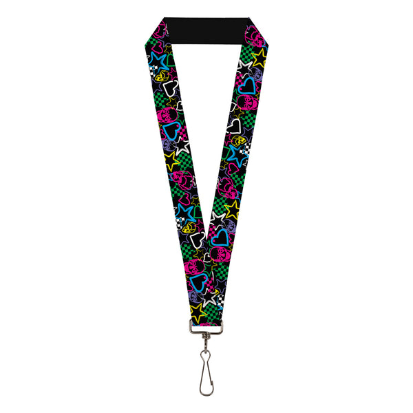 Buckle-Down Lanyard - 1.0" - Sketch Skull Star Heart Checker Black Multi