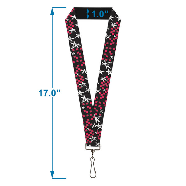 Buckle-Down Lanyard - 1.0" - Sketch Stars W Checkers Black Fuchsia White