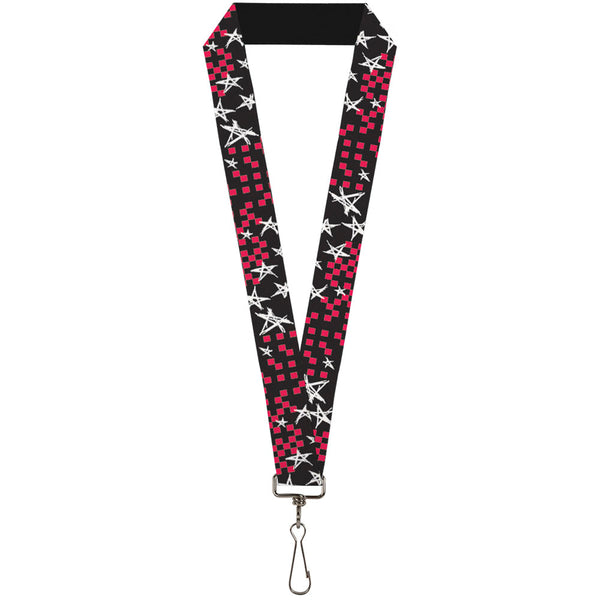 Buckle-Down Lanyard - 1.0" - Sketch Stars w Checkers Black Fuchsia White