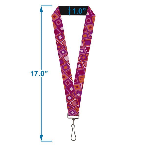 Buckle-Down Lanyard - 1.0" - Skewed Squares Stacked Purple Orange Pinks