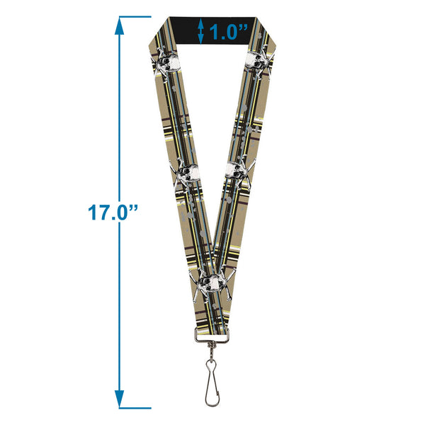 Buckle-Down Lanyard - 1.0" - Skull & Cross Bones Plaid Tan