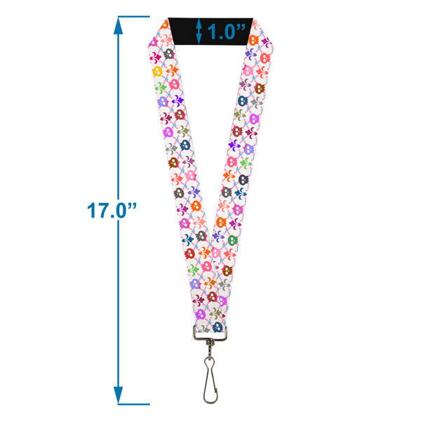 Buckle-Down Lanyard - 1.0" - Skull & Fleur-de-Lis White Multi Color