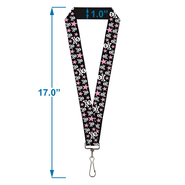 Buckle-Down Lanyard - 1.0" - Skulls & Stars Black White Pink