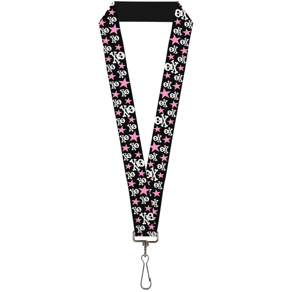 Buckle-Down Lanyard - 1.0" - Skulls & Stars Black White Pink