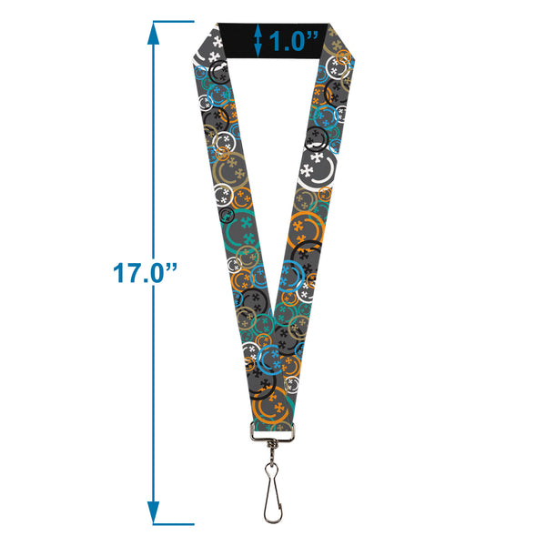 Buckle-Down Lanyard - 1.0" - Smiley Face Crossbones Stacked Gray/Multi Color