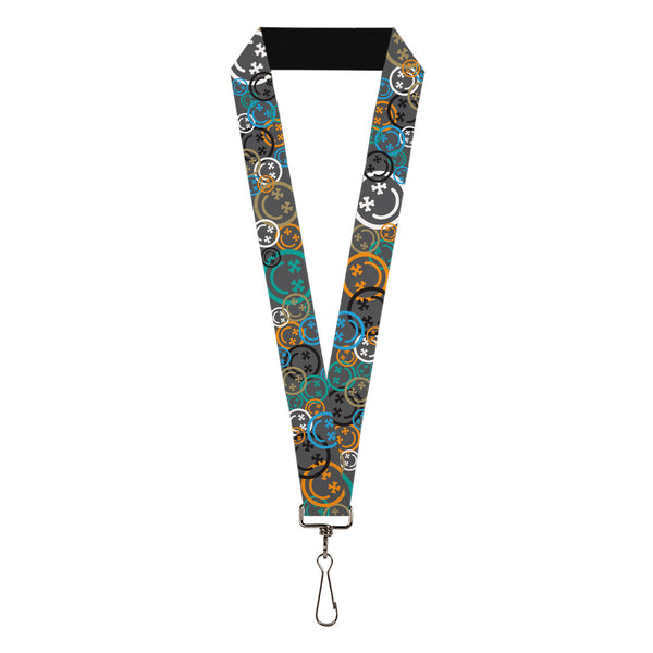 Buckle-Down Lanyard - 1.0" - Smiley Face Crossbones Stacked Gray/Multi Color