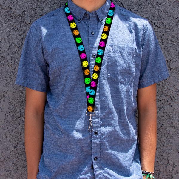 Buckle-Down Lanyard - 1.0" - Smiley Face Melted Repeat Black Multi Neon
