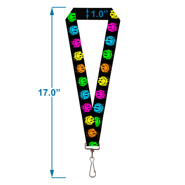 Buckle-Down Lanyard - 1.0" - Smiley Face Melted Repeat Black Multi Neon