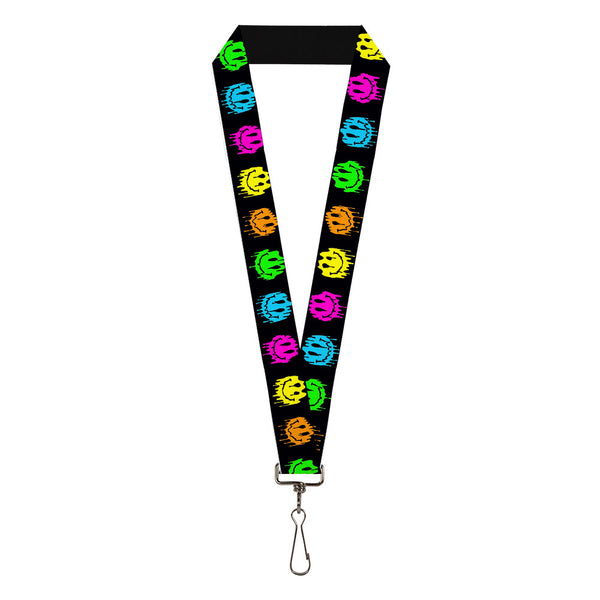 Buckle-Down Lanyard - 1.0" - Smiley Face Melted Repeat Black Multi Neon