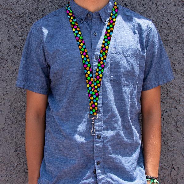 Buckle-Down Lanyard - 1.0" - Smiley Faces Melted Mini Repeat Angle Black Multi Neon
