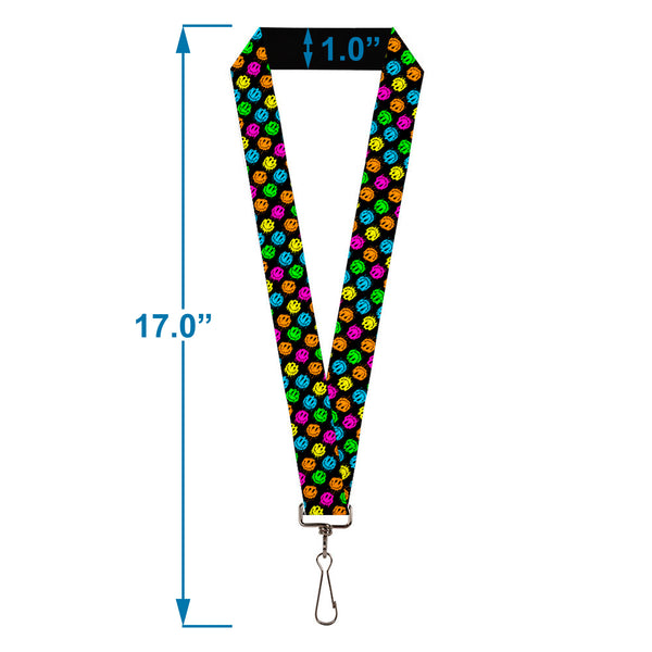 Buckle-Down Lanyard - 1.0" - Smiley Faces Melted Mini Repeat Angle Black Multi Neon