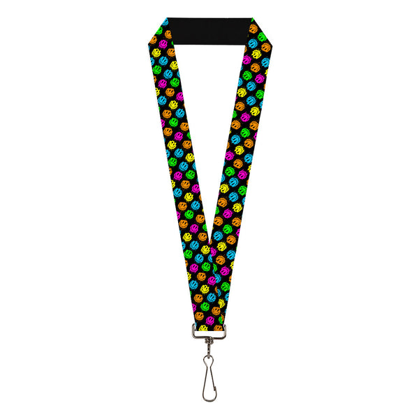 Buckle-Down Lanyard - 1.0" - Smiley Faces Melted Mini Repeat Angle Black Multi Neon