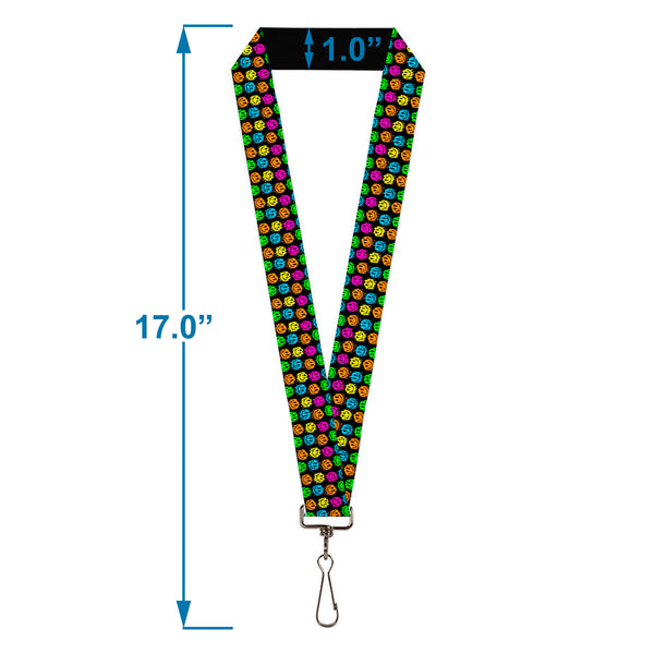 Buckle-Down Lanyard - 1.0" - Smiley Faces Melted Mini Repeat Black Multi Neon