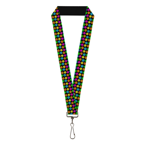 Buckle-Down Lanyard - 1.0" - Smiley Faces Melted Mini Repeat Black Multi Neon