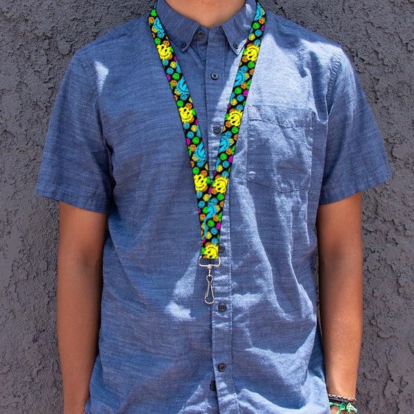 Buckle-Down Lanyard - 1.0" - Smiley Faces Melted Stacked Black Multi Neon