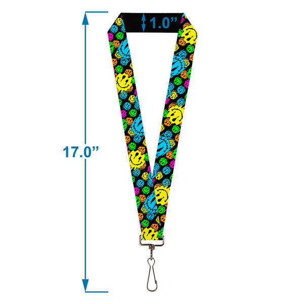 Buckle-Down Lanyard - 1.0" - Smiley Faces Melted Stacked Black Multi Neon