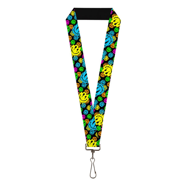 Buckle-Down Lanyard - 1.0" - Smiley Faces Melted Stacked Black Multi Neon