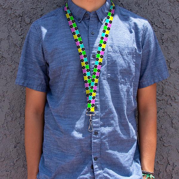 Buckle-Down Lanyard - 1.0" - Smiley Sad Face Checker Multi Color/White