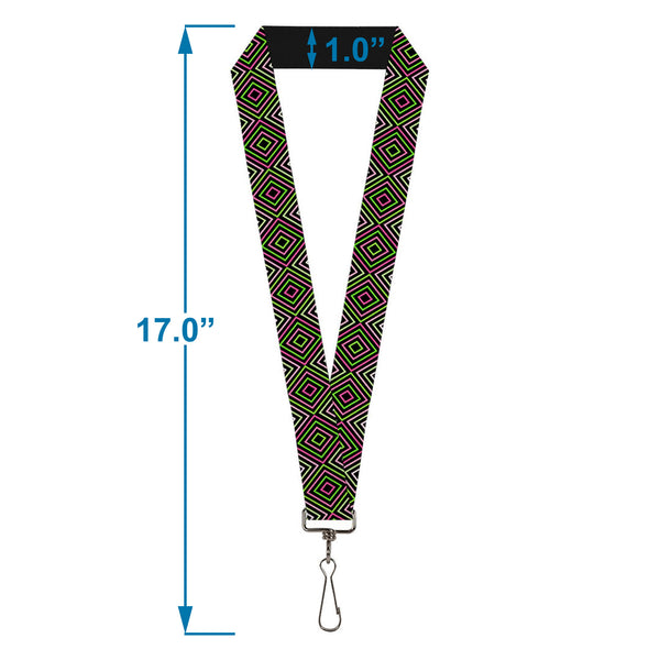 Buckle-Down Lanyard - 1.0" - Square Lines Black Greens Pinks