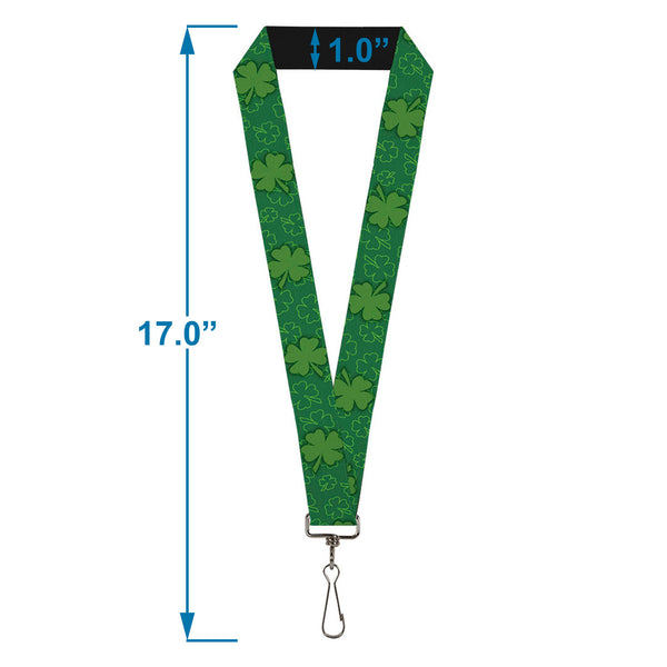Buckle-Down Lanyard - 1.0" - St Pat's Clovers Scattered2 Outline Solid Greens