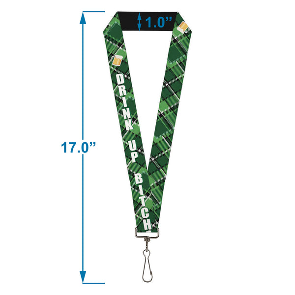 Buckle-Down Lanyard - 1.0" - St Pat's DRINK UP BITCHES Beer Mugs Stacked Shamrocks Greens White Gold