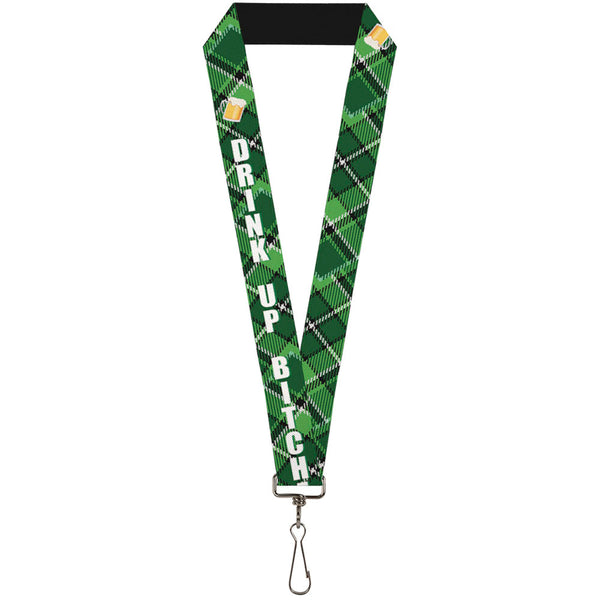 Buckle-Down Lanyard - 1.0" - St Pat's DRINK UP BITCHES Beer Mugs Stacked Shamrocks Greens White Gold