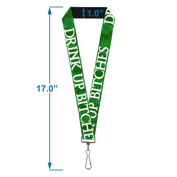 Buckle-Down Lanyard - 1.0" - St Pat's DRINK UP BITCHES Stacked Shamrocks Greens White