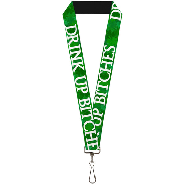 Buckle-Down Lanyard - 1.0" - St Pat's DRINK UP BITCHES Stacked Shamrocks Greens White