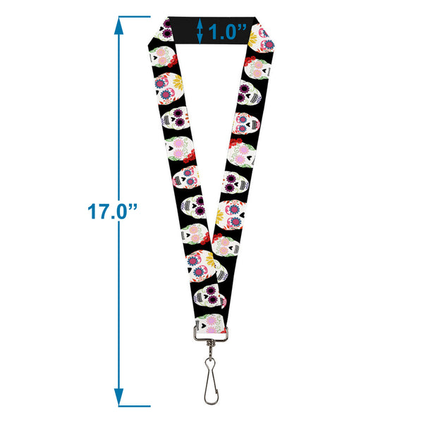 Buckle-Down Lanyard - 1.0" - Staggered Sugar Skulls Black Multi Color
