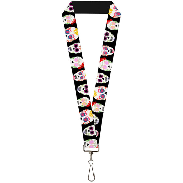 Buckle-Down Lanyard - 1.0" - Staggered Sugar Skulls Black Multi Color