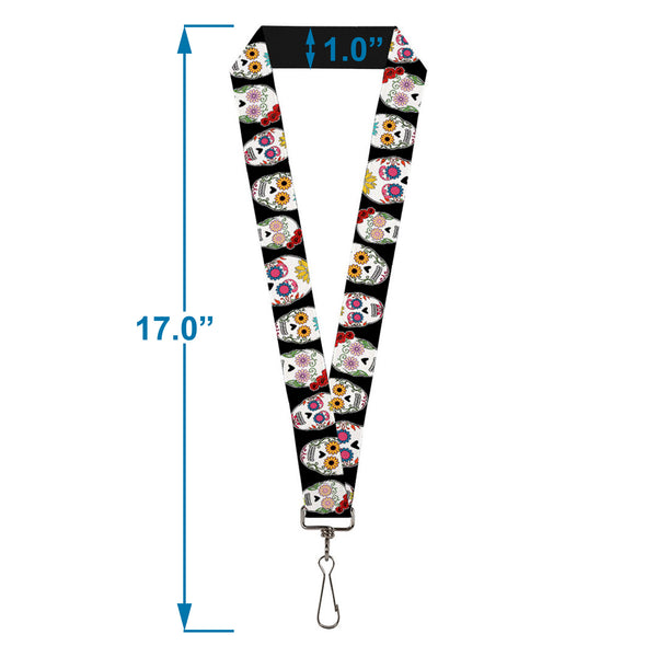 Buckle-Down Lanyard - 1.0" - Staggered Sugar Skulls CLOSE-UP Black Multi Color