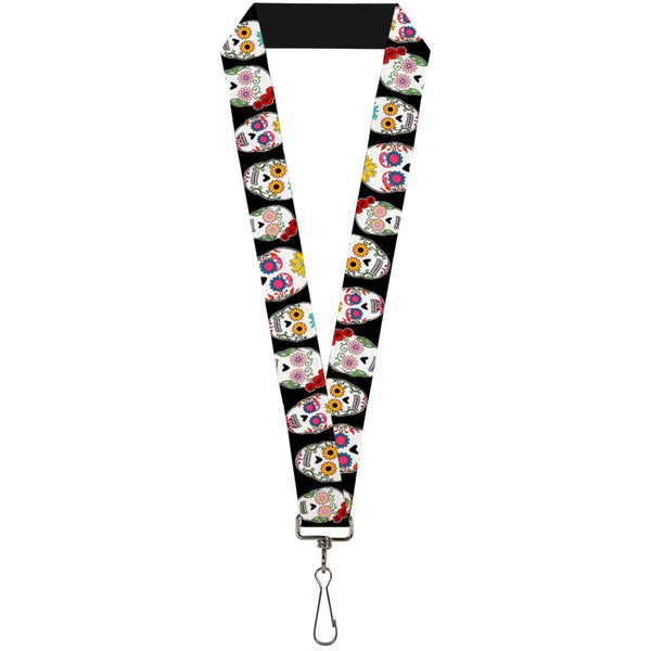 Buckle-Down Lanyard - 1.0" - Staggered Sugar Skulls CLOSE-UP Black Multi Color