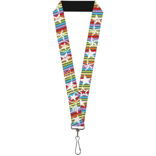 Buckle-Down Lanyard - 1.0" - Stars w Lines Gray Multi Color White