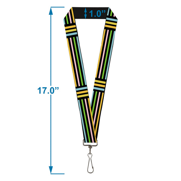 Buckle-Down Lanyard - 1.0" - Stripe Blocks Black Multi Pastel