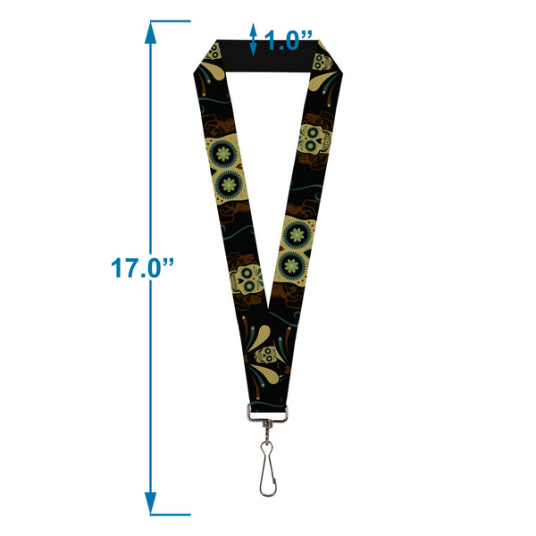 Buckle-Down Lanyard - 1.0" - Sugar Skulls Black Olive Burgundy