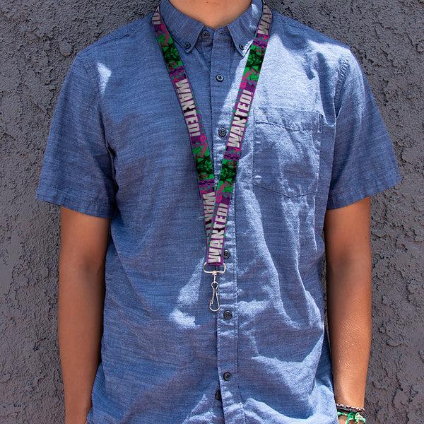 Buckle-Down Lanyard - 1.0" - THE JOKER WANTED Smiling Pose And Graffiti Purples/Greens