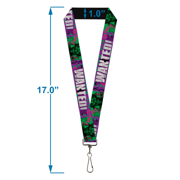 Buckle-Down Lanyard - 1.0" - THE JOKER WANTED Smiling Pose And Graffiti Purples/Greens