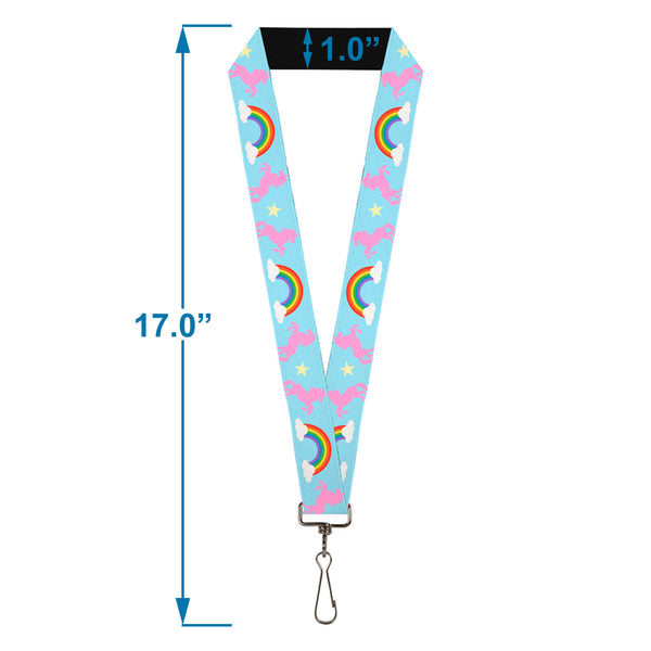 Buckle-Down Lanyard - 1.0" - Unicorns Rainbow Star Baby Blue Pink Yellow