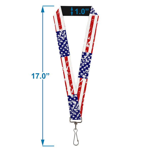 Buckle-Down Lanyard - 1.0" - United States Flags CLOSE-UP Weathered