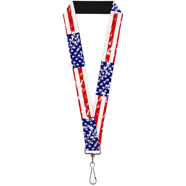 Buckle-Down Lanyard - 1.0" - United States Flags CLOSE-UP Weathered