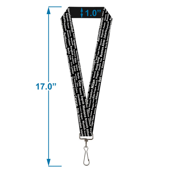 Buckle-Down Lanyard - 1.0" - Verbiage Destination Cities Black White
